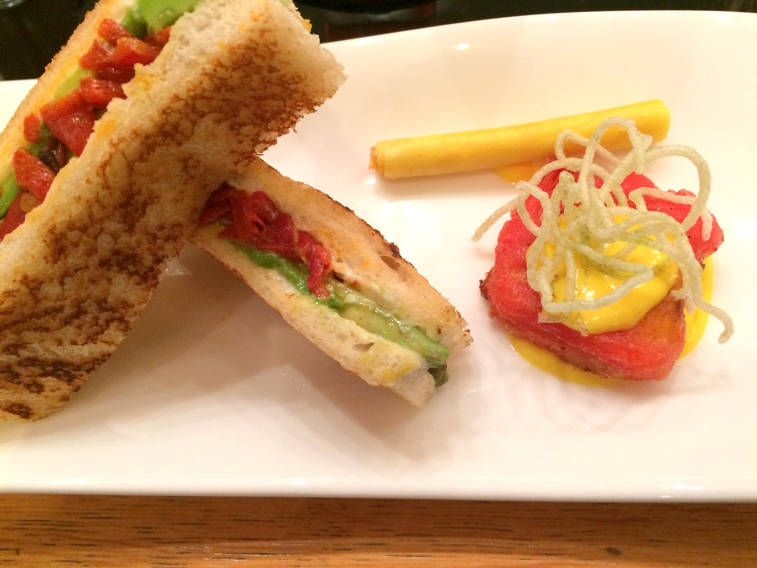 Pepper and avocado toasties, pepper cylinders and king crab tempura