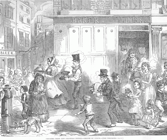 Fetching home the Christmas dinner cooked at the local bakers http://www.victorianlondon.org/food/bakers.gif