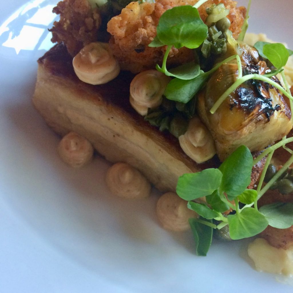 Slow cooked belly pork with crispy squid