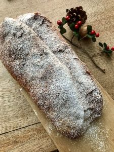 Stollen sprinkled with icing sugar