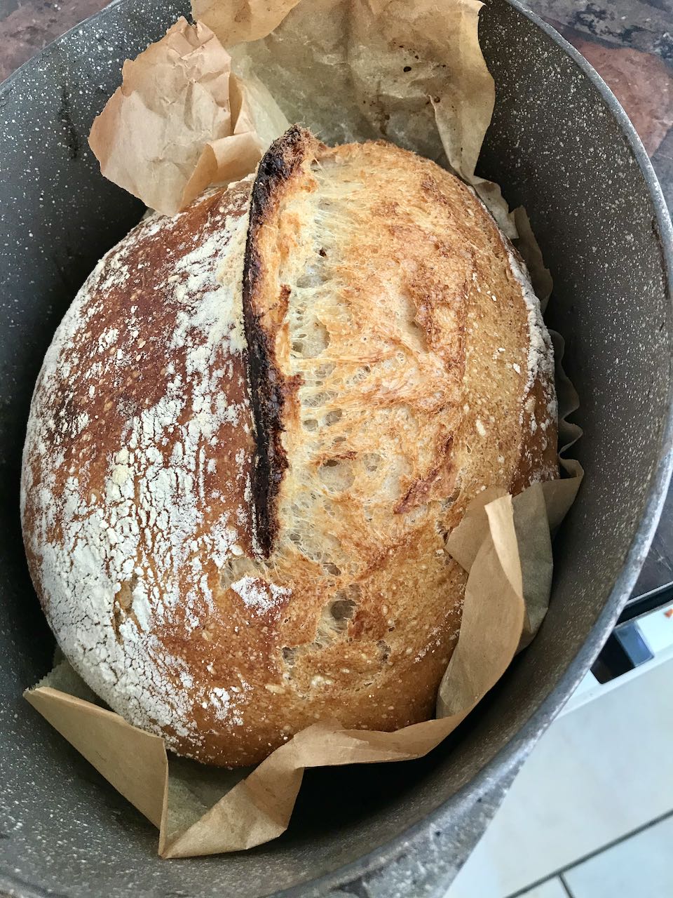 Sourdough loaf in cast iron pan